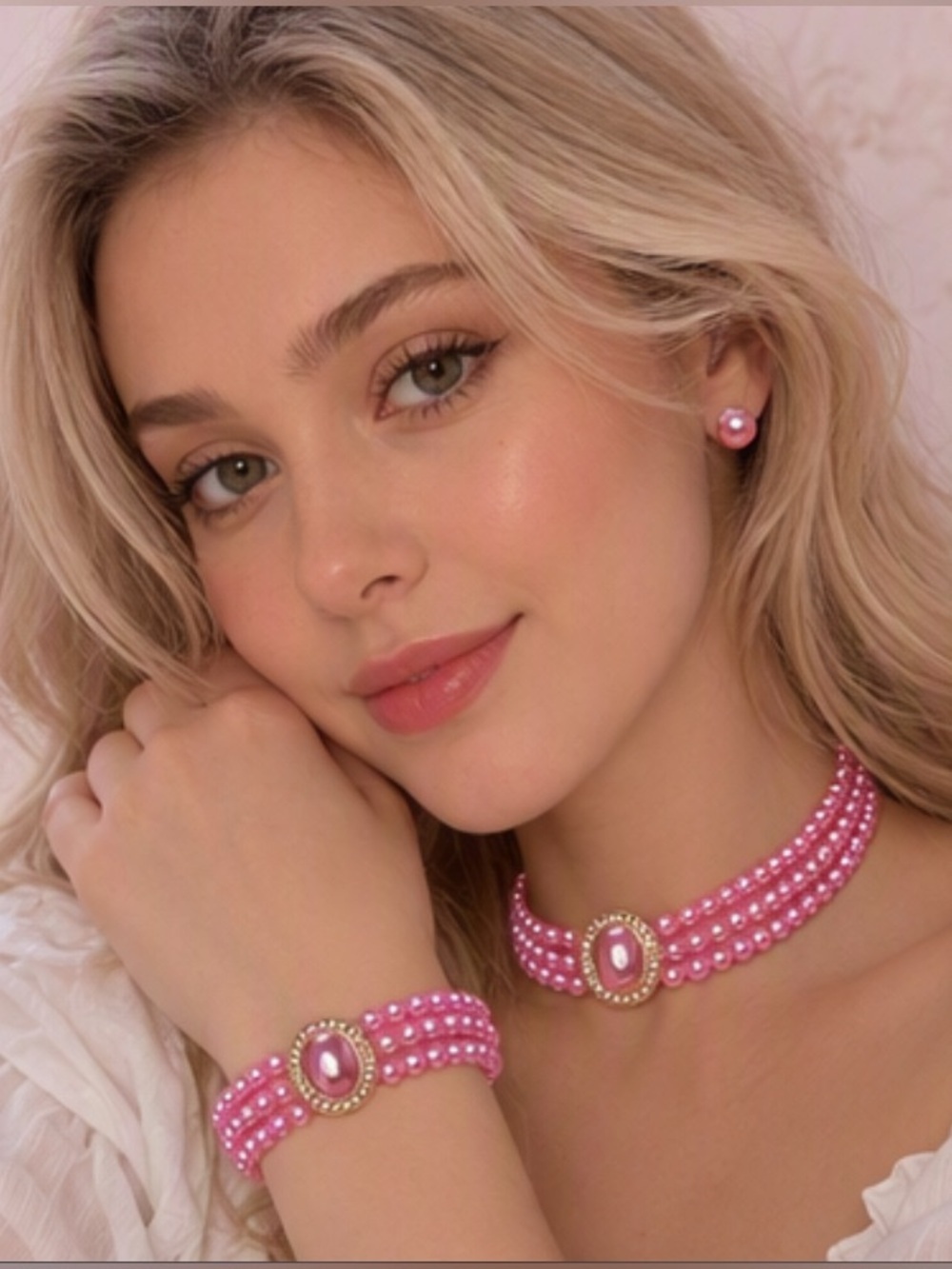 🎀 Barbie Doll Style 3 Piece Pink Pearl Rhinestone Jewelry Set 🎀 w/ Gift Bag